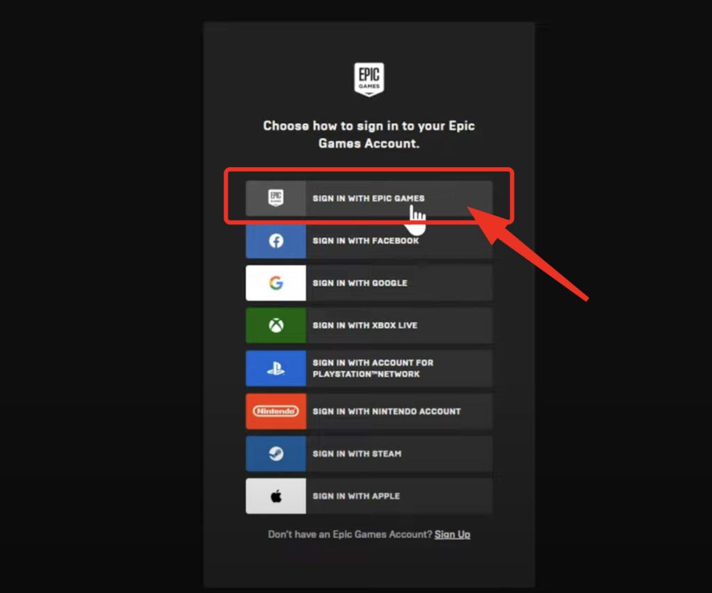 Signing in with Epic Games account